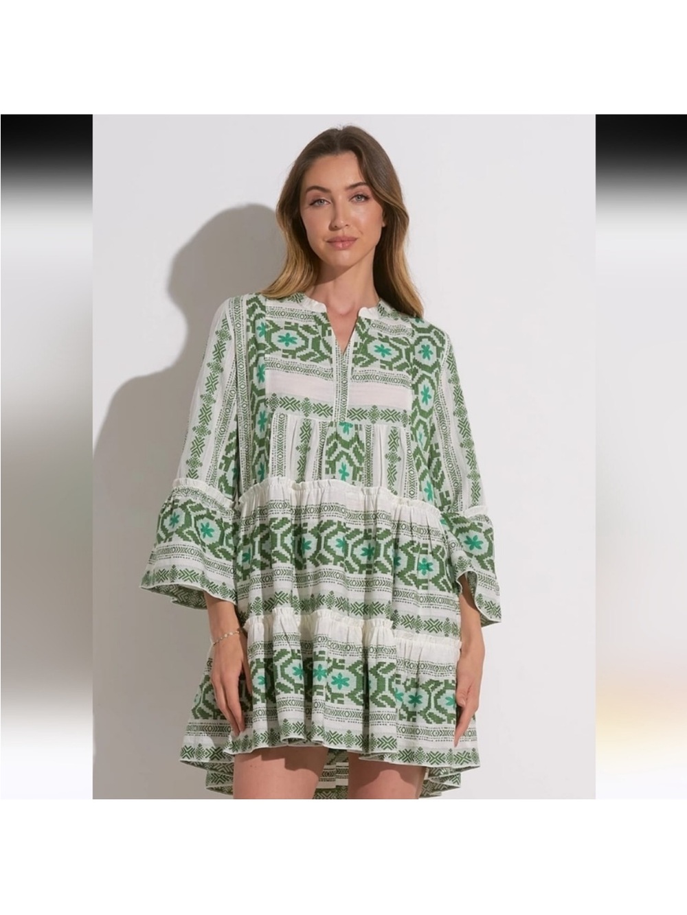 Elan White and Green Printed Tiered Tunic Dress
